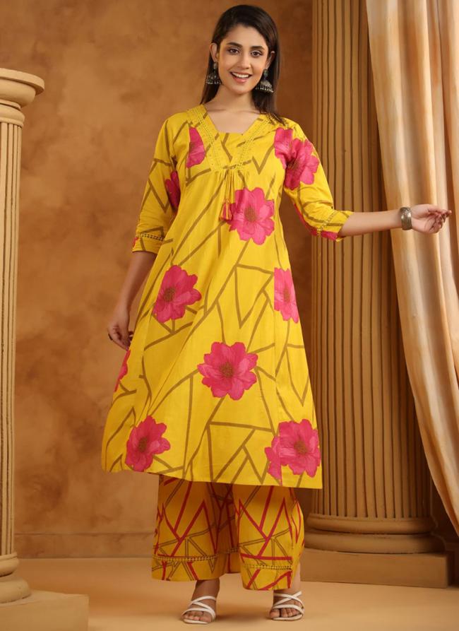 Cotton Yellow Casual Wear Printed Readymade Cord Set